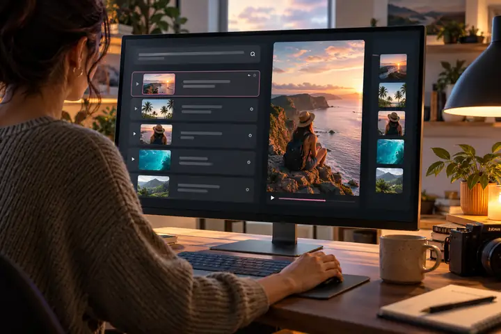 A refined text-to-video editor interface with an idea field, scene controls, and a vertical video preview