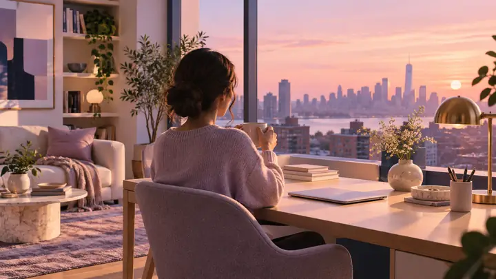 A bright apartment scene from a polished explainer video