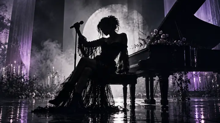 A cinematic black-and-white portrait from a music video