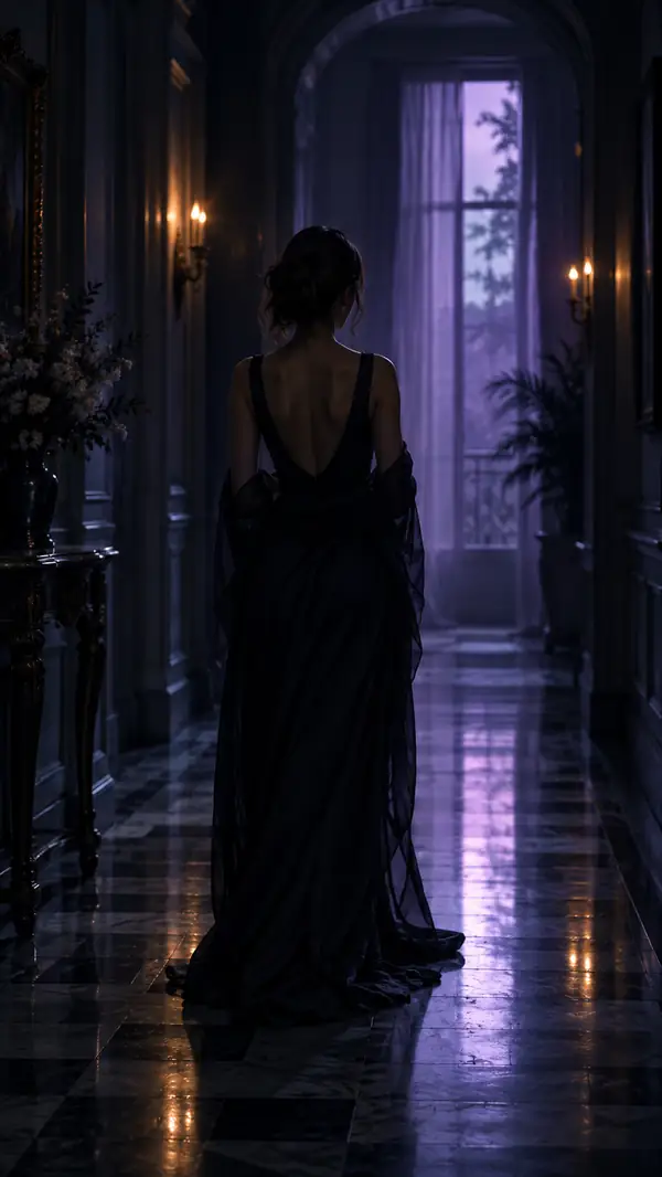 A cinematic figure standing in a dim hallway