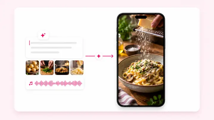 A creator workflow preview showing a short vertical food video on a phone