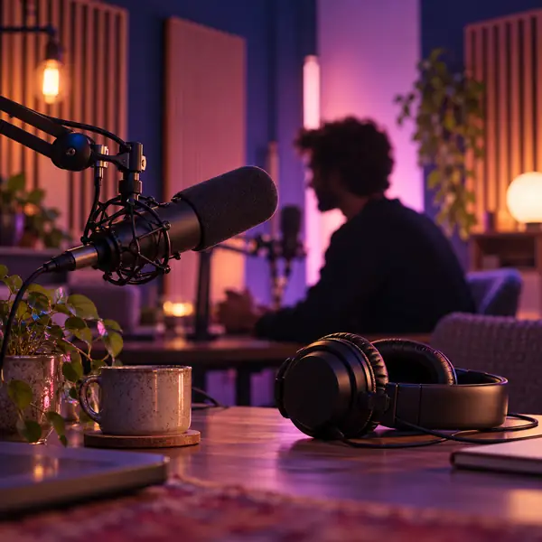 A podcast host speaking into a microphone in a cozy studio