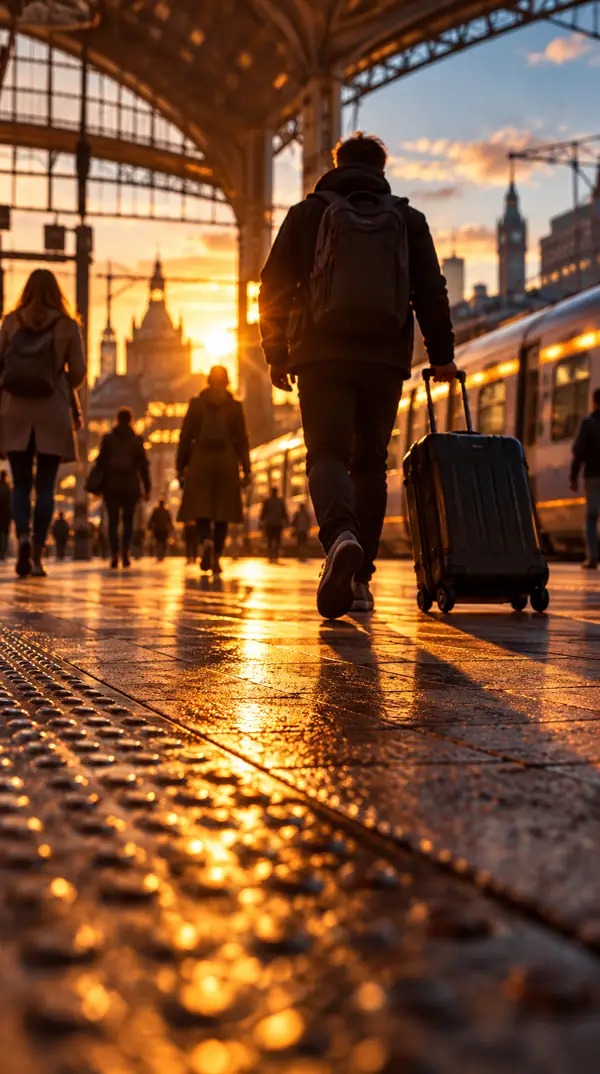 Atmospheric urban scene with people moving through a station