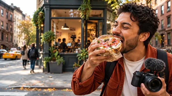Joyful street-food scene showing a person enjoying a bagel