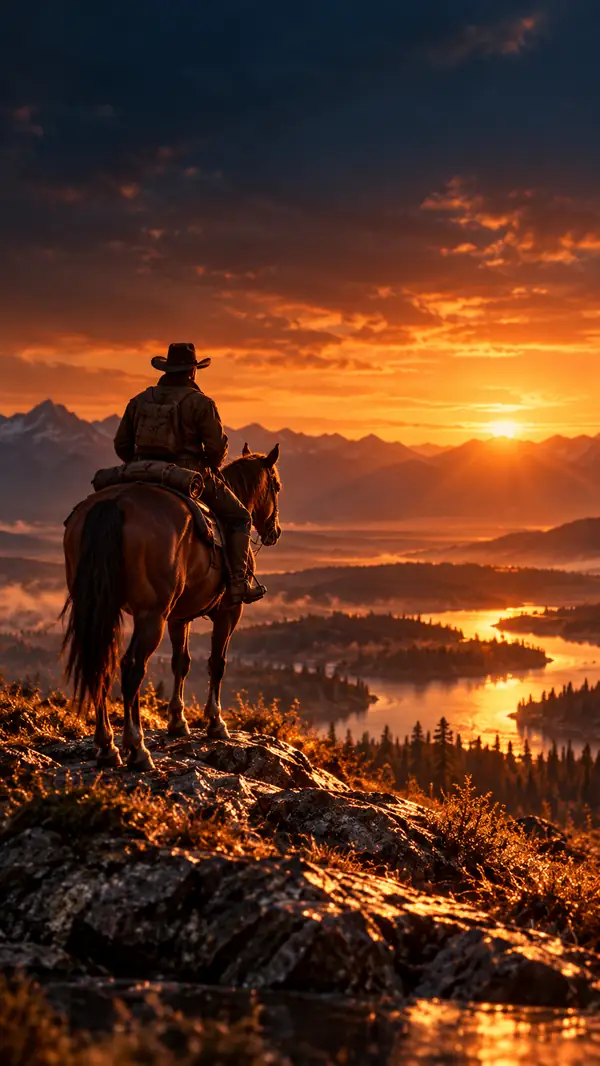 Warm editorial landscape with a lone rider and horse