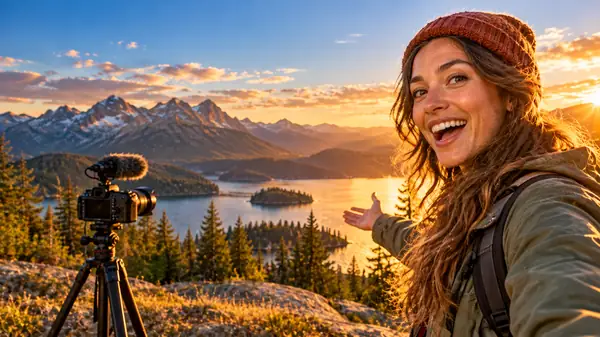 Woman speaking outdoors in a richly colored cinematic scene